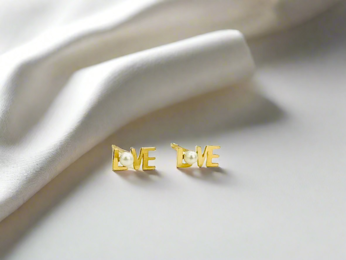 14K Gold LOVE Stud Earrings with Freshwater Pearls / Seed Pearls - Solid Gold