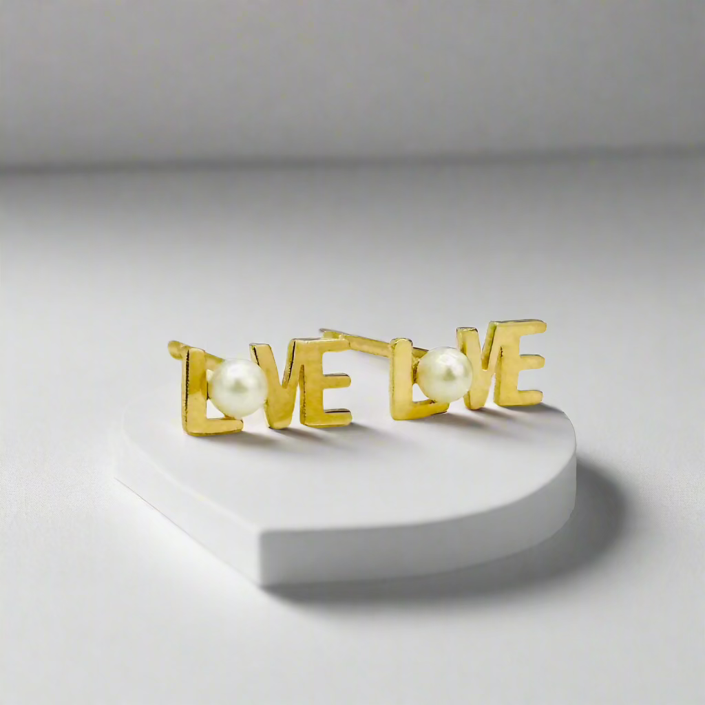 14K Gold LOVE Stud Earrings with Freshwater Pearls / Seed Pearls - Solid Gold