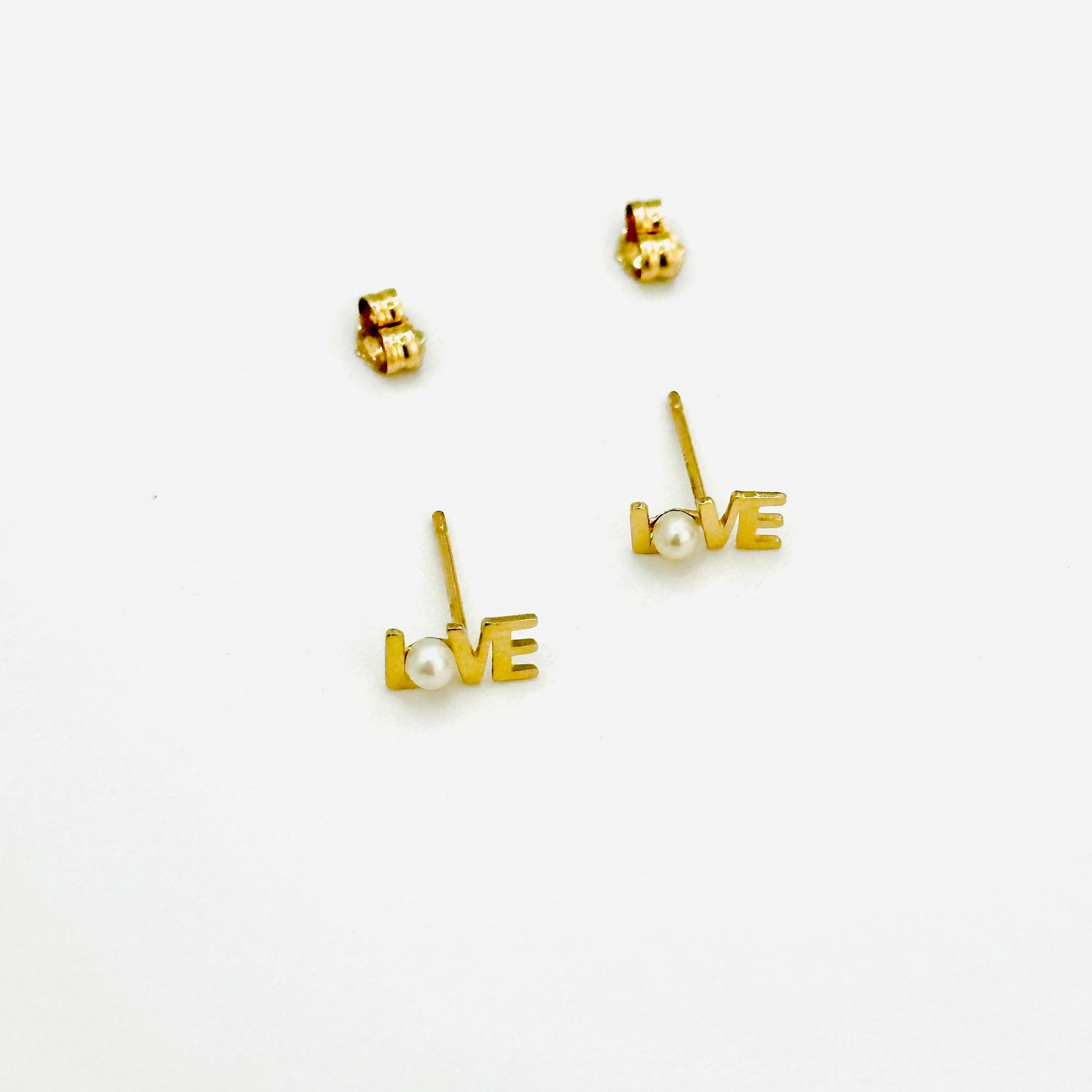 14K Gold LOVE Stud Earrings with Freshwater Pearls / Seed Pearls - Solid Gold