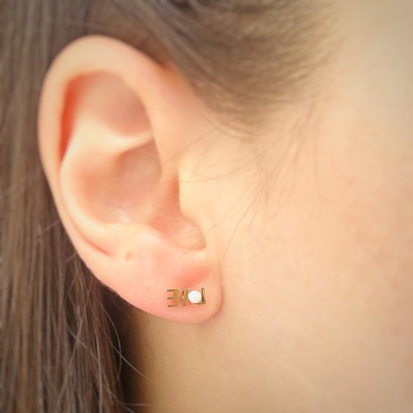 14K Gold LOVE Stud Earrings with Freshwater Pearls / Seed Pearls - Solid Gold