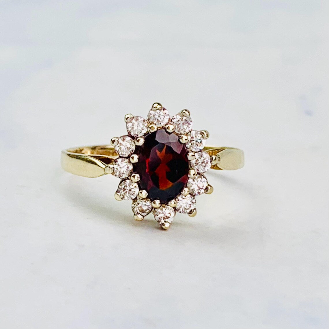 Vintage 9K / 9ct Gold Oval Red and White CZ Halo Statement Ring / Cocktail Ring - Size 6 US