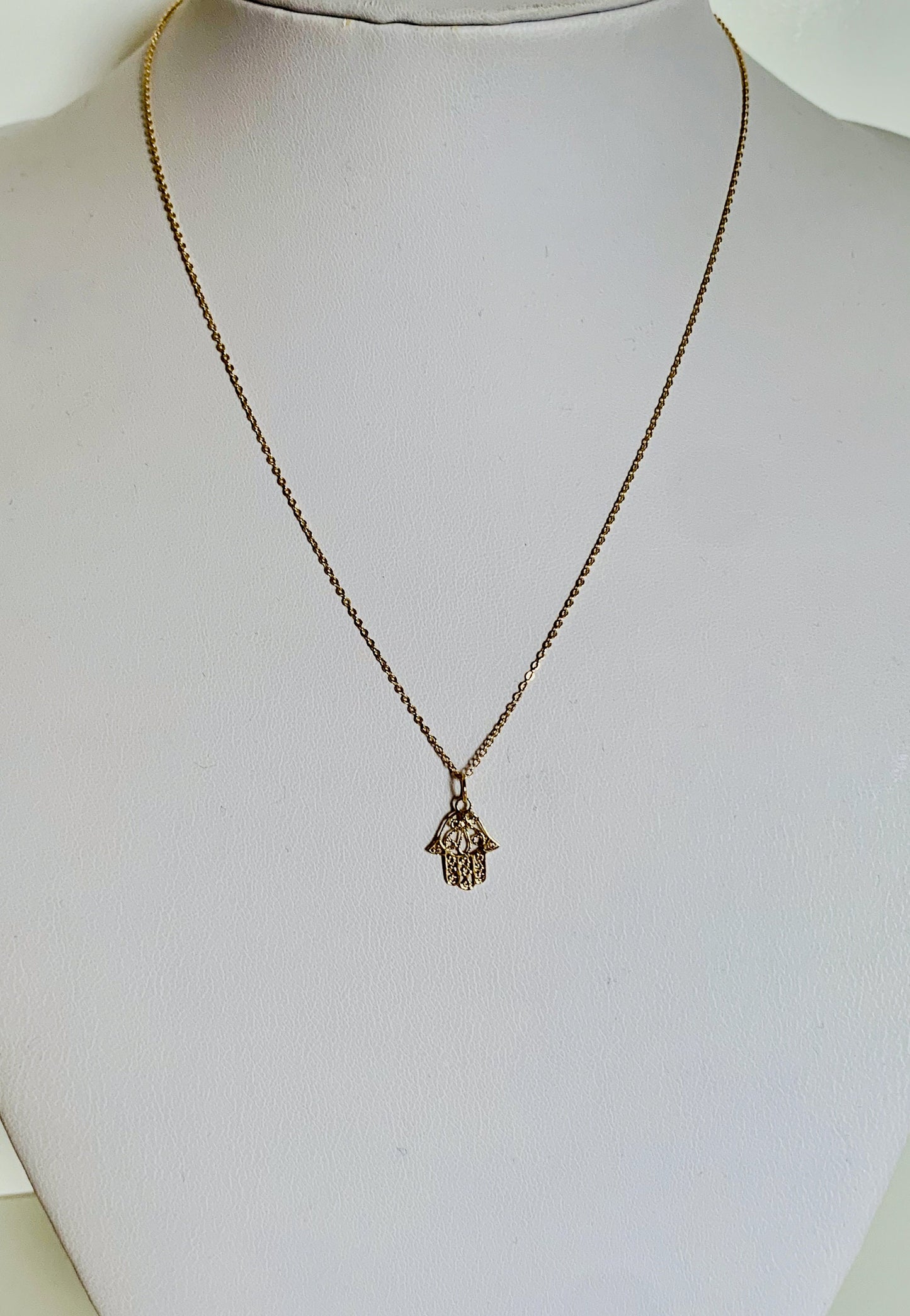 14K Solid Yellow Gold Filigree Hamsa Hand Charm / Pendant / Necklace 14mm x 10.5mm *optional 14K Gold Cable Link Chain 16" or 18"