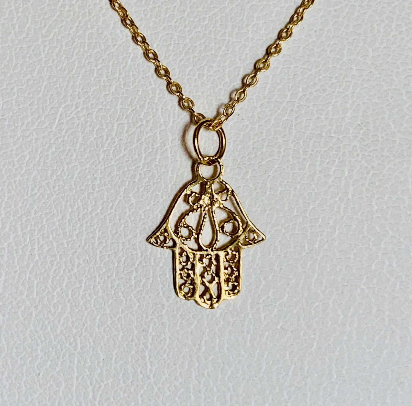 14K Solid Yellow Gold Filigree Hamsa Hand Charm / Pendant / Necklace 14mm x 10.5mm *optional 14K Gold Cable Link Chain 16" or 18"