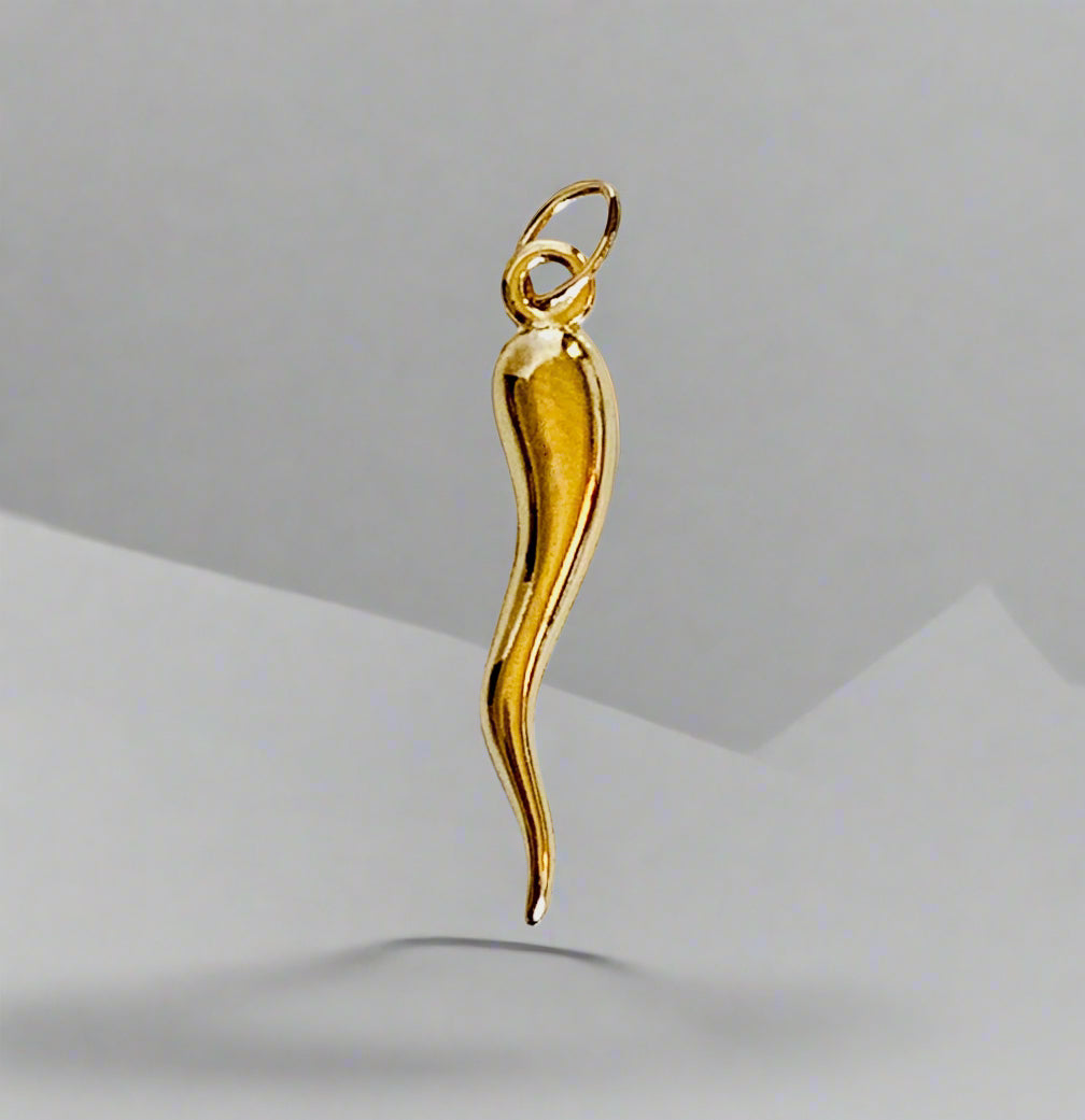 14K Gold 24mm Italian Horn Charm / Pendant - Corno 3D Cornicello Good Luck Devils Horn optional 14K Gold Cable Link Chain