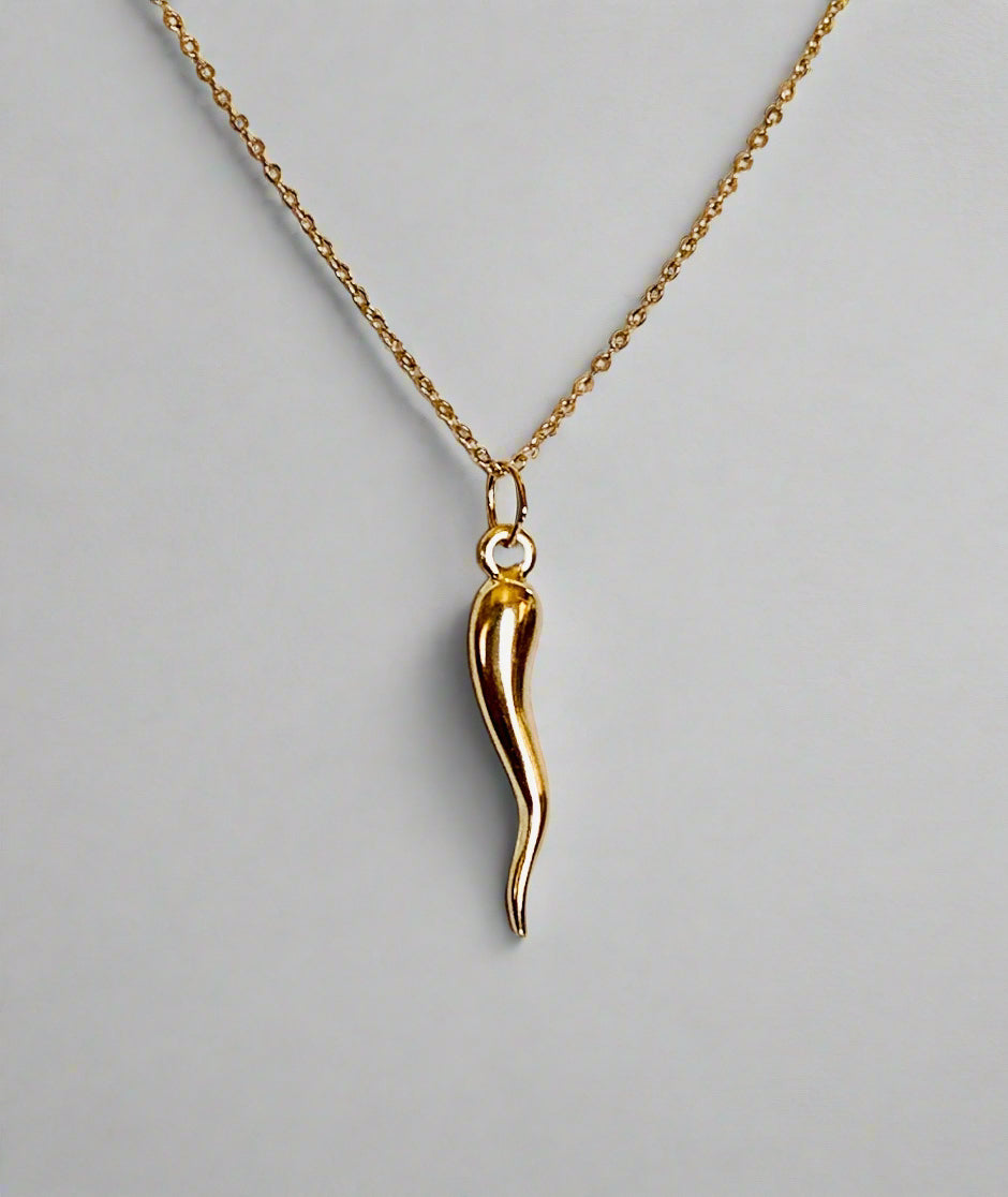 14K Gold 24mm Italian Horn Charm / Pendant - Corno 3D Cornicello Good Luck Devils Horn optional 14K Gold Cable Link Chain
