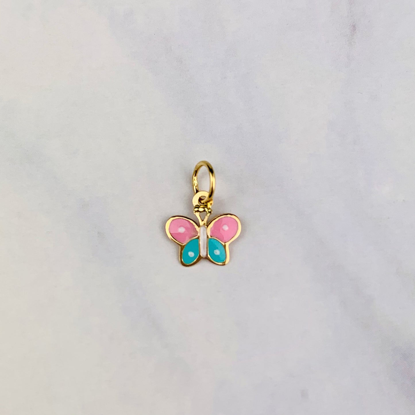 14K Solid Yellow Gold Tiny Delicate Blue and Pink Enamel Butterfly Charm / Pendant 7.8mm x 7.8mm