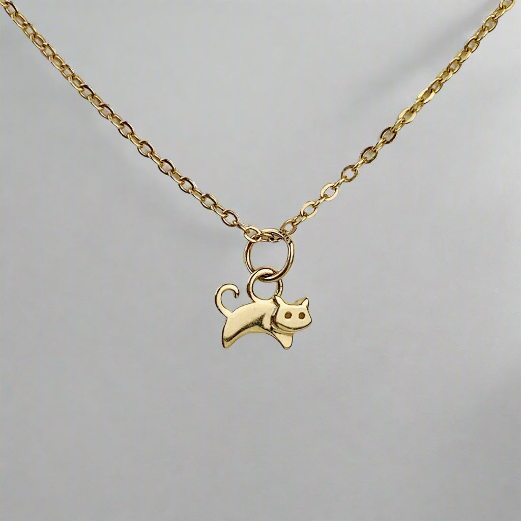 14K Solid Yellow Gold Tiny Delicate Cat / Kitty Charm 6mm x 4.5mm optional 14K Gold Cable Link Chain 16" or 18"