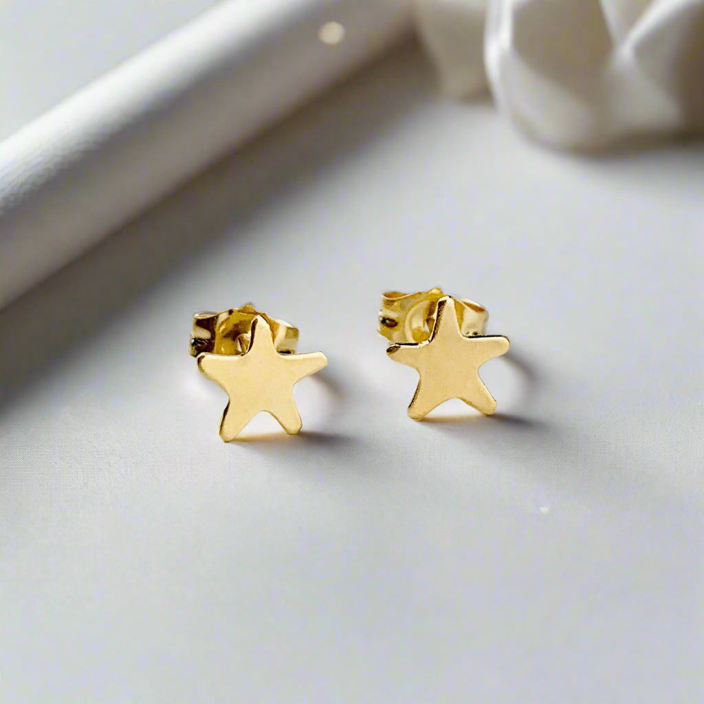 14K Solid Gold Star Stud Earrings