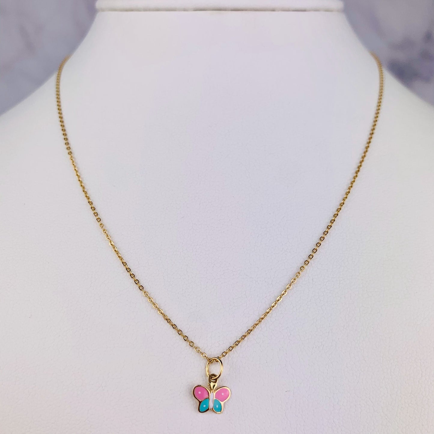 14K Solid Yellow Gold Tiny Delicate Blue and Pink Enamel Butterfly Charm / Pendant 7.8mm x 7.8mm
