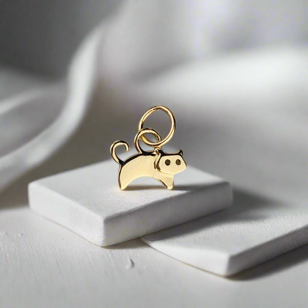 14K Solid Yellow Gold Tiny Delicate Cat / Kitty Charm 6mm x 4.5mm optional 14K Gold Cable Link Chain 16" or 18"