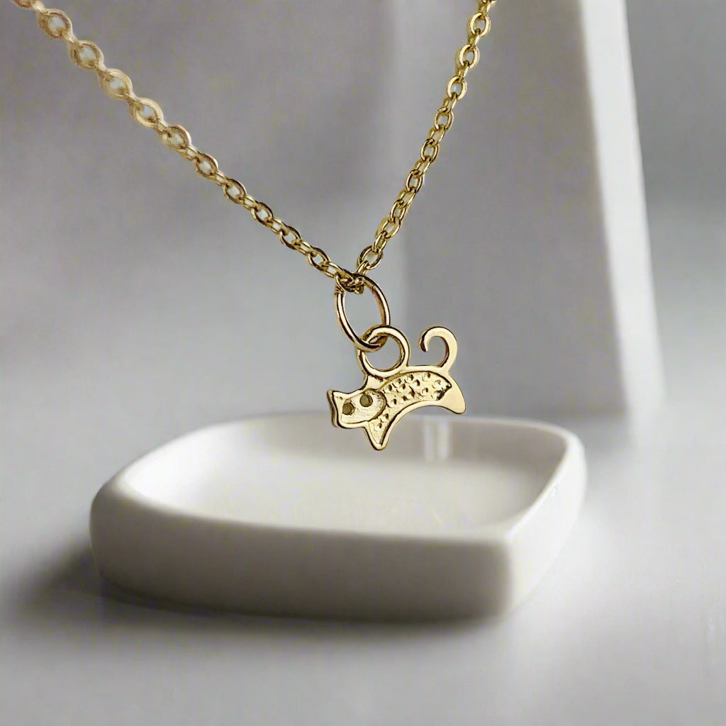 14K Solid Yellow Gold Tiny Delicate Cat / Kitty Charm 6mm x 4.5mm optional 14K Gold Cable Link Chain 16" or 18"