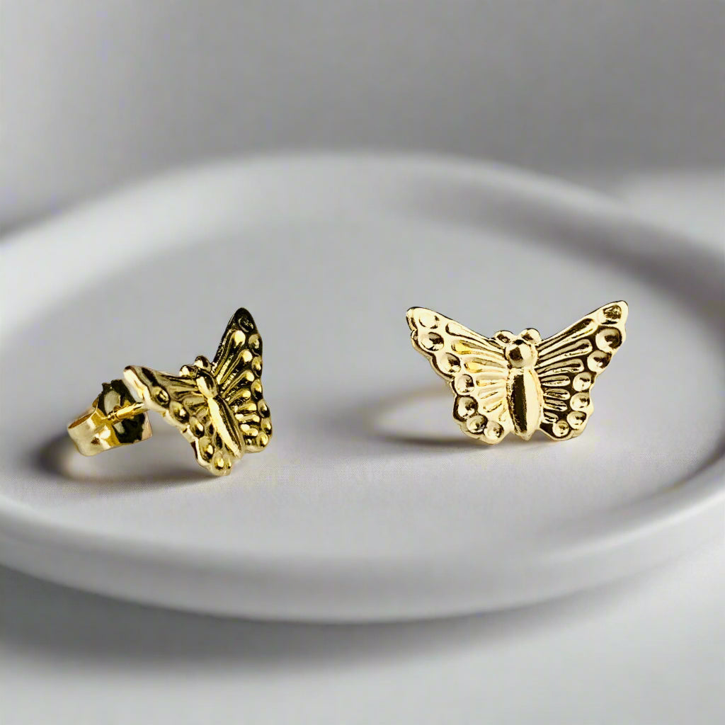 14K Solid Gold Butterfly Stud Earrings