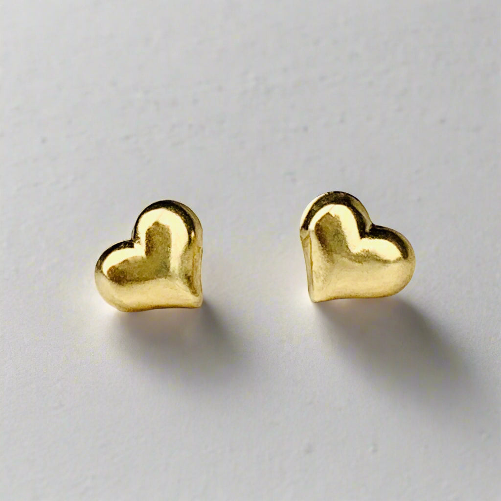 14K Yellow Gold Small Puffy Heart Stud Earrings - Solid Gold