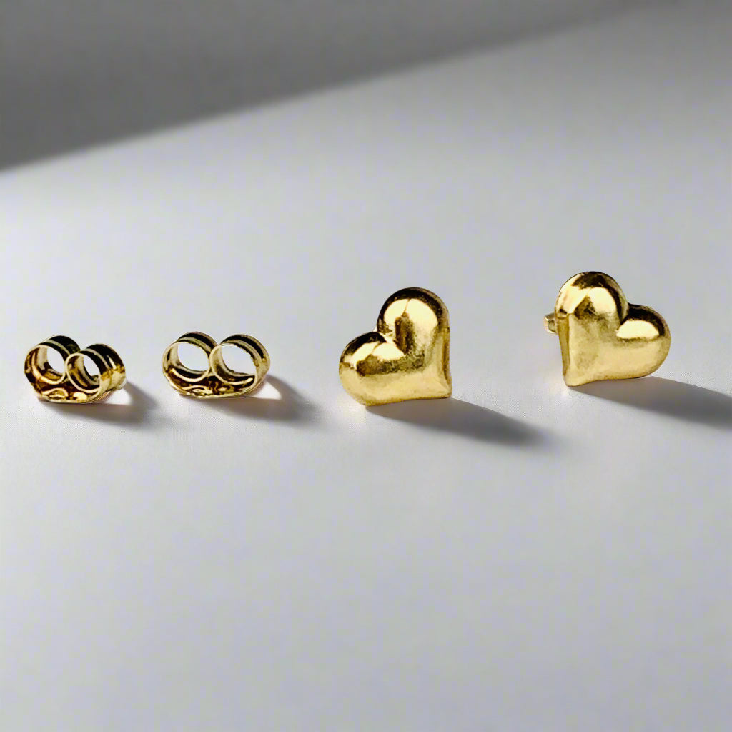 14K Yellow Gold Small Puffy Heart Stud Earrings - Solid Gold