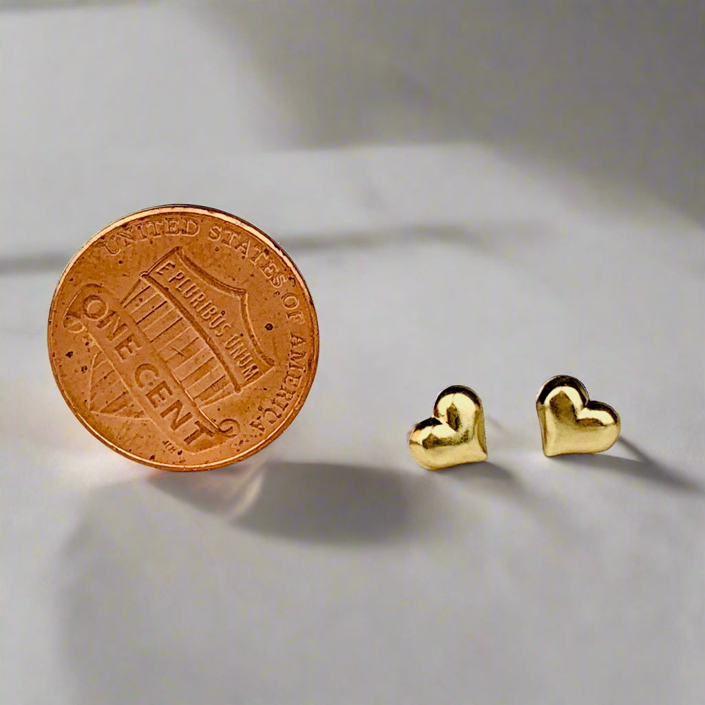 14K Yellow Gold Small Puffy Heart Stud Earrings - Solid Gold