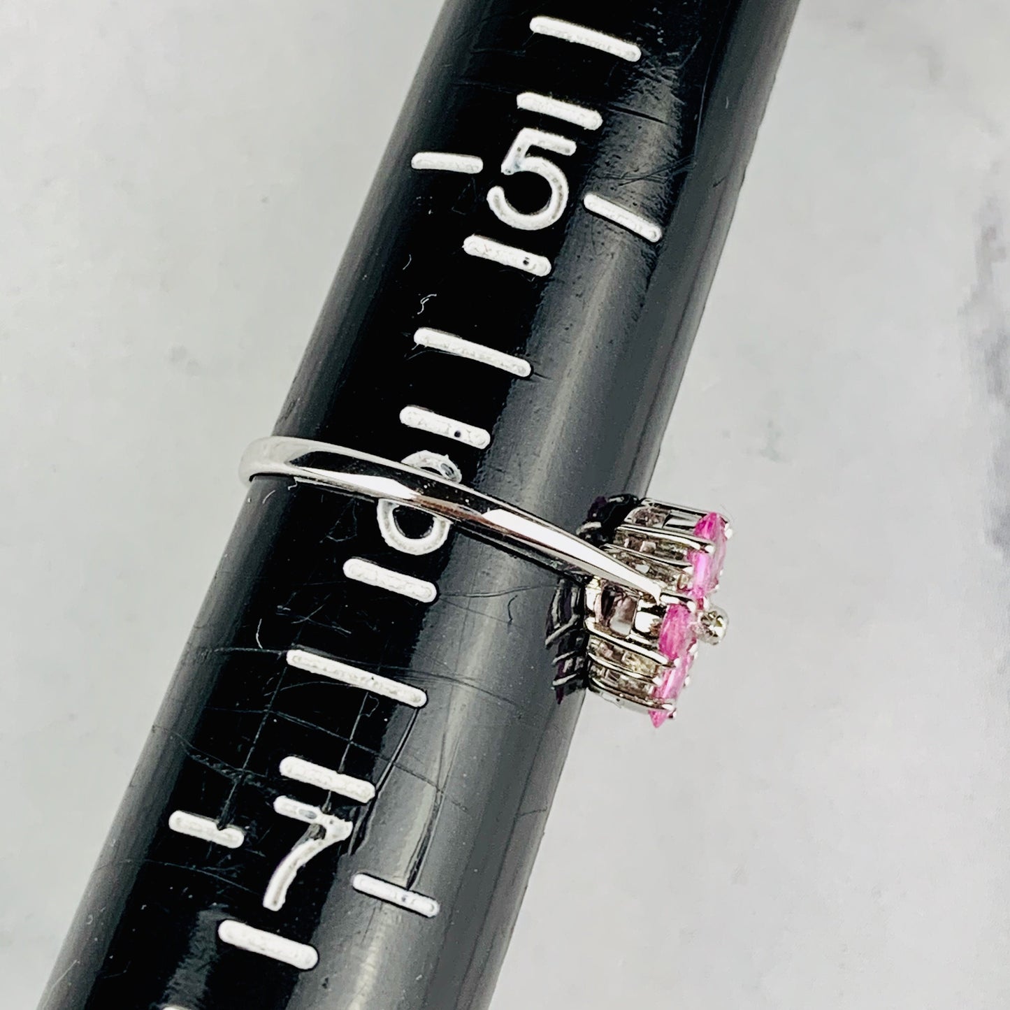 Vintage 9K/9ct White Gold Pale Pink Quartz and Diamond Floral Ring - Size 6 US