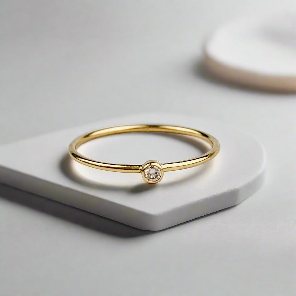 14K Solid Gold 1mm Stacking Ring / Stackable Ring with Genuine Diamond - Size 6 US