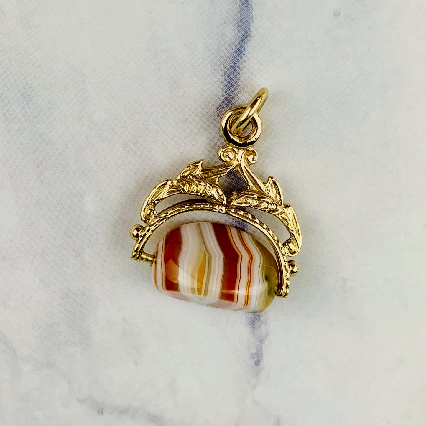 Vintage 9K Gold Swivel / Spinner Fob / Pendant / Watch Fob with Banded Agate - 3.86 grams