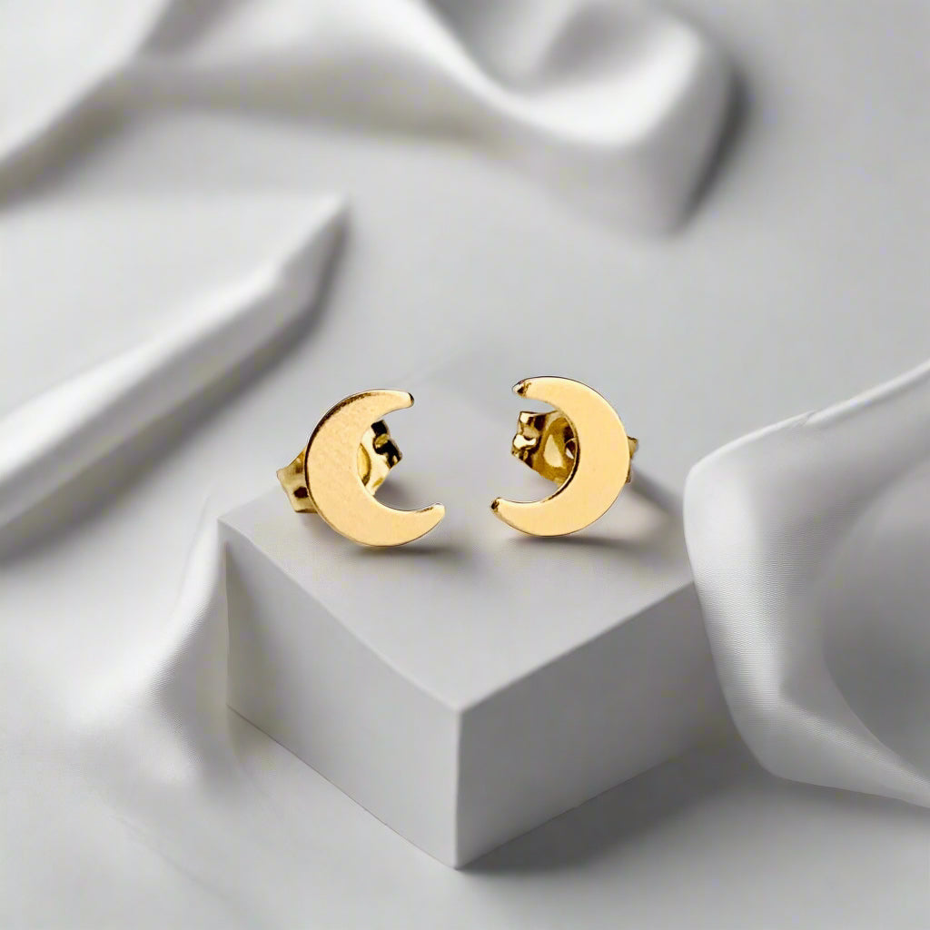 14K Solid Gold Crescent Moon Stud Earrings