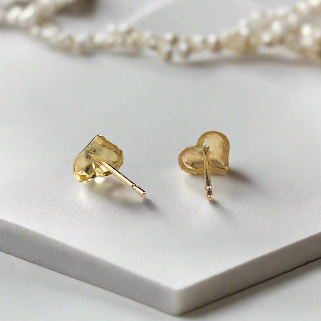 14K Yellow Gold Small Puffy Heart Stud Earrings - Solid Gold