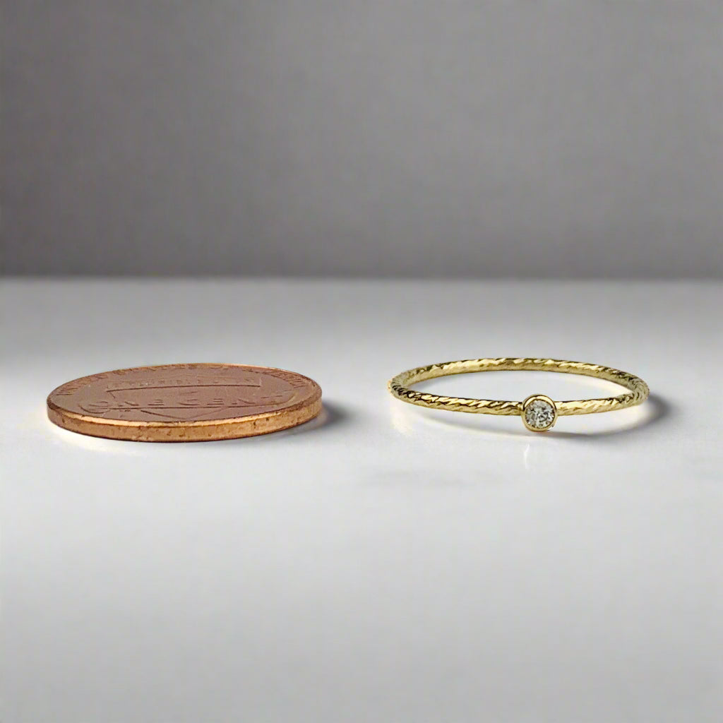 14K Gold Filled 0.9mm Stacking Ring / Stackable Ring with Bezel Set Cubic Zirconia and Etched Rope Design Band