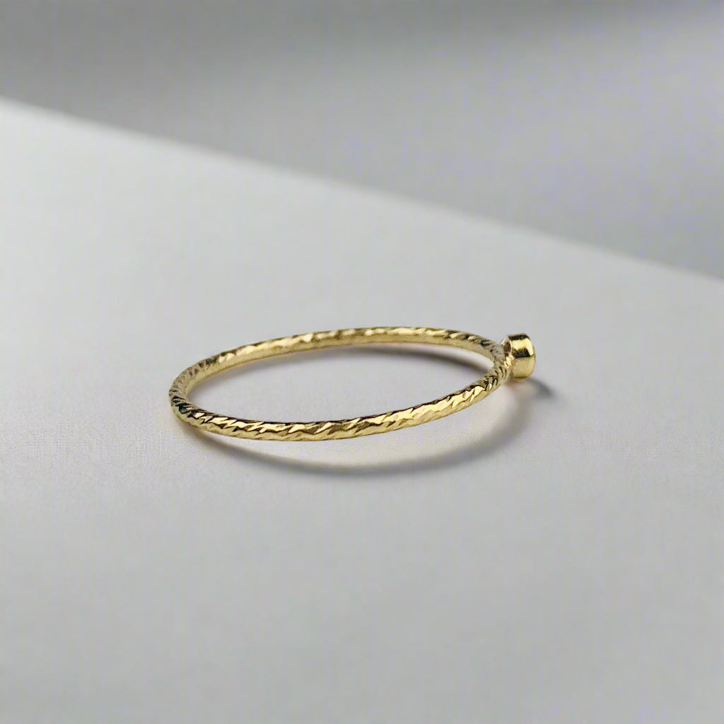 14K Gold Filled 0.9mm Stacking Ring / Stackable Ring with Bezel Set Cubic Zirconia and Etched Rope Design Band