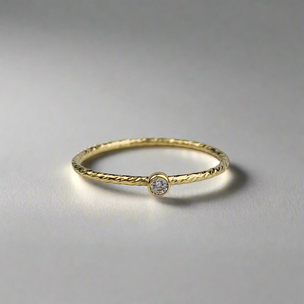 14K Gold Filled 0.9mm Stacking Ring / Stackable Ring with Bezel Set Cubic Zirconia and Etched Rope Design Band
