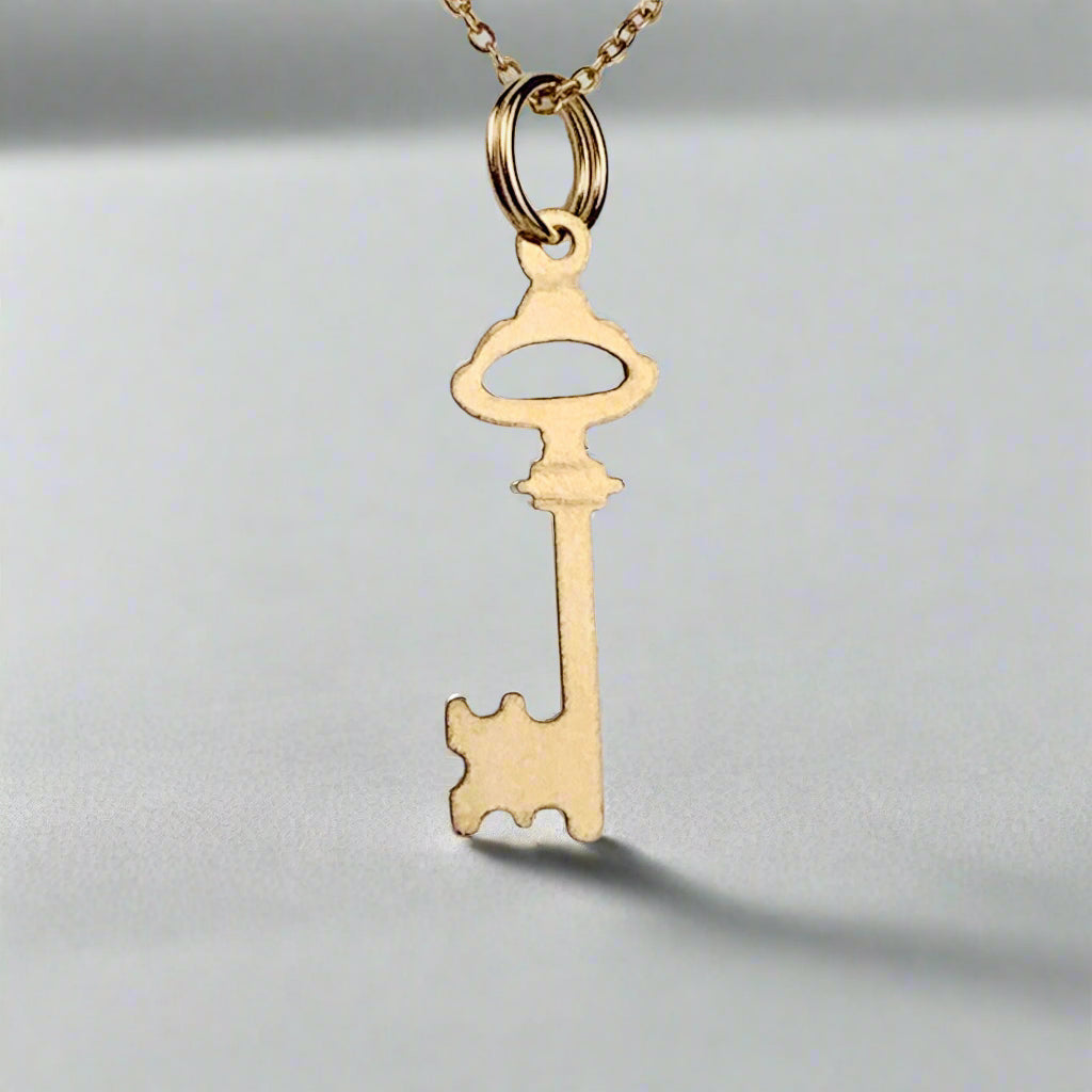 14K Gold 22mm Classic Key Charm / Pendant optional 14K Gold Cable Link Chain