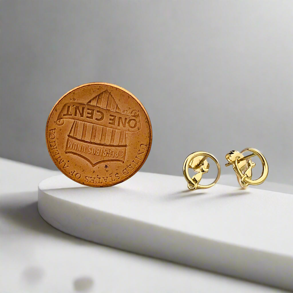 9K Solid Gold Cat on Crescent Moon Stud Earrings
