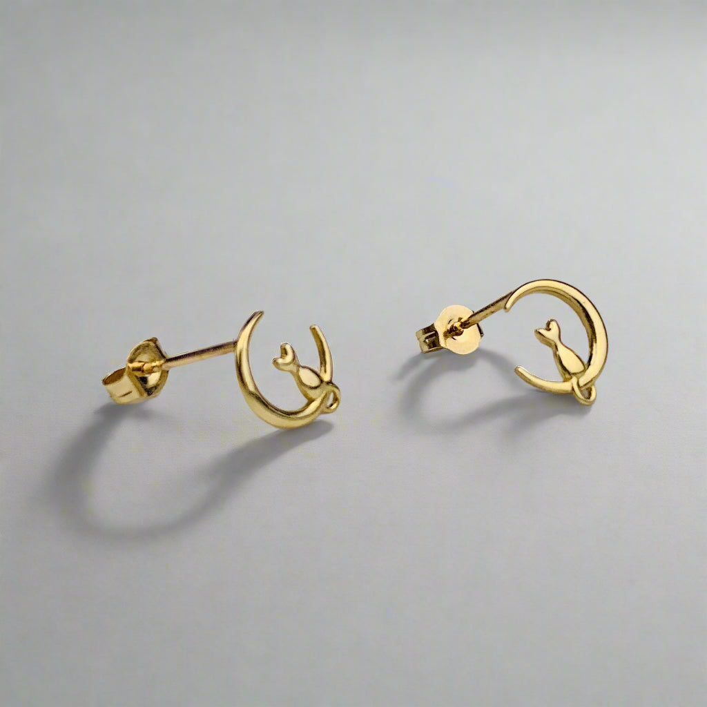 9K Solid Gold Cat on Crescent Moon Stud Earrings