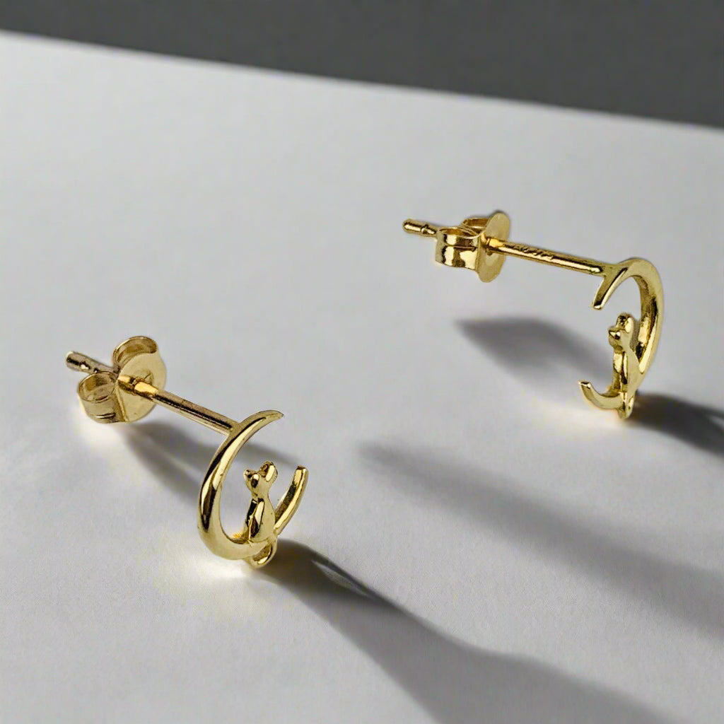 9K Solid Gold Cat on Crescent Moon Stud Earrings