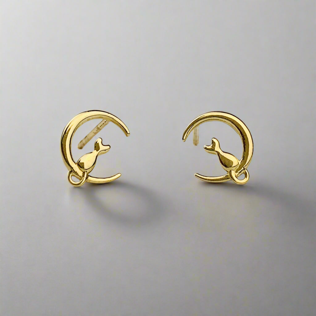 9K Solid Gold Cat on Crescent Moon Stud Earrings