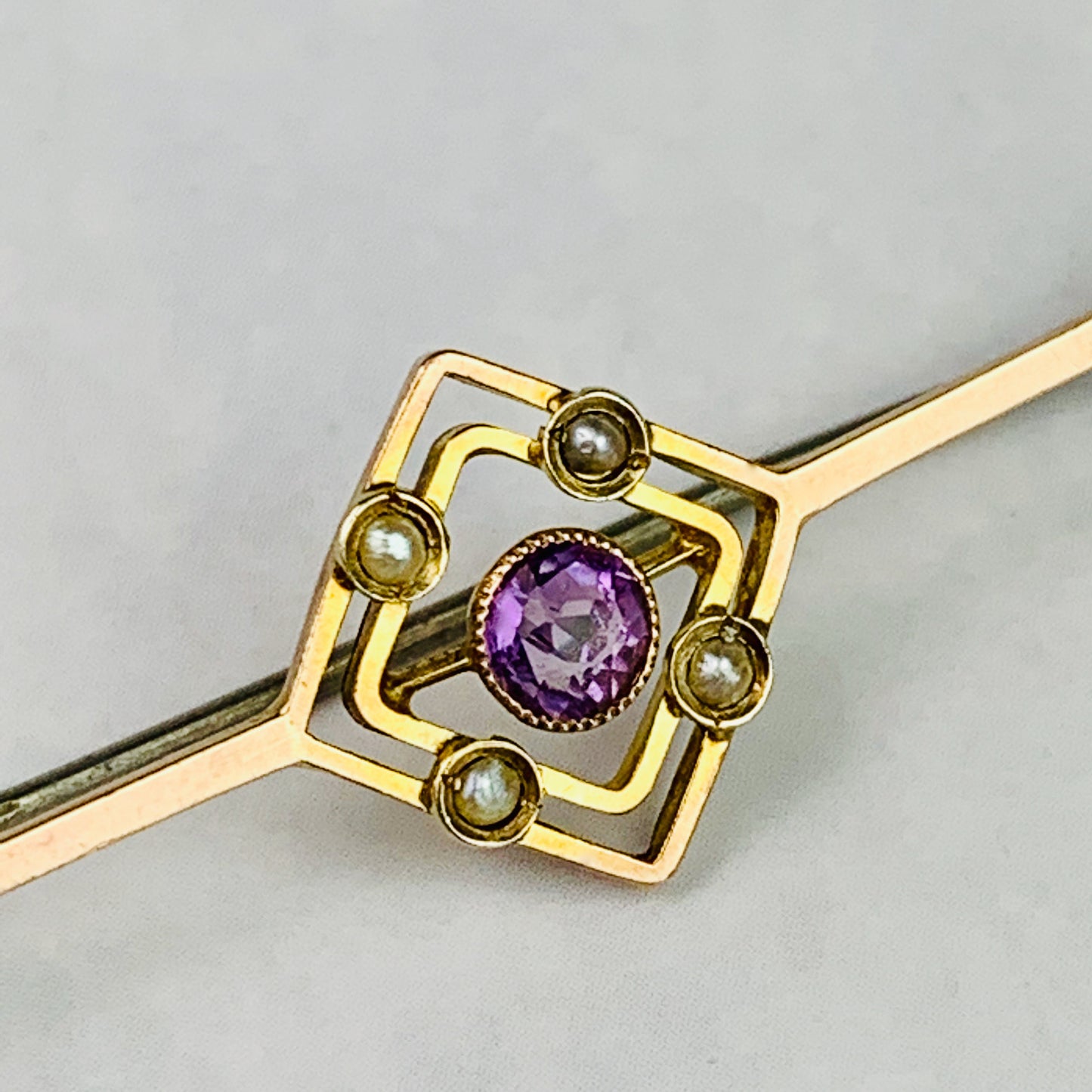 Vintage 9k Yellow Gold Bar Pin / Brooch with Amethyst and Seed Pearls