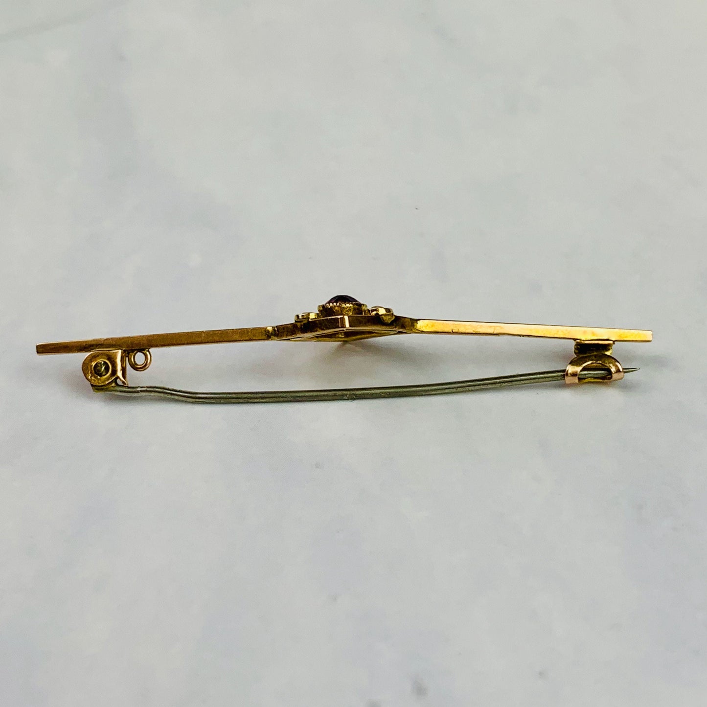 Vintage 9k Yellow Gold Bar Pin / Brooch with Amethyst and Seed Pearls