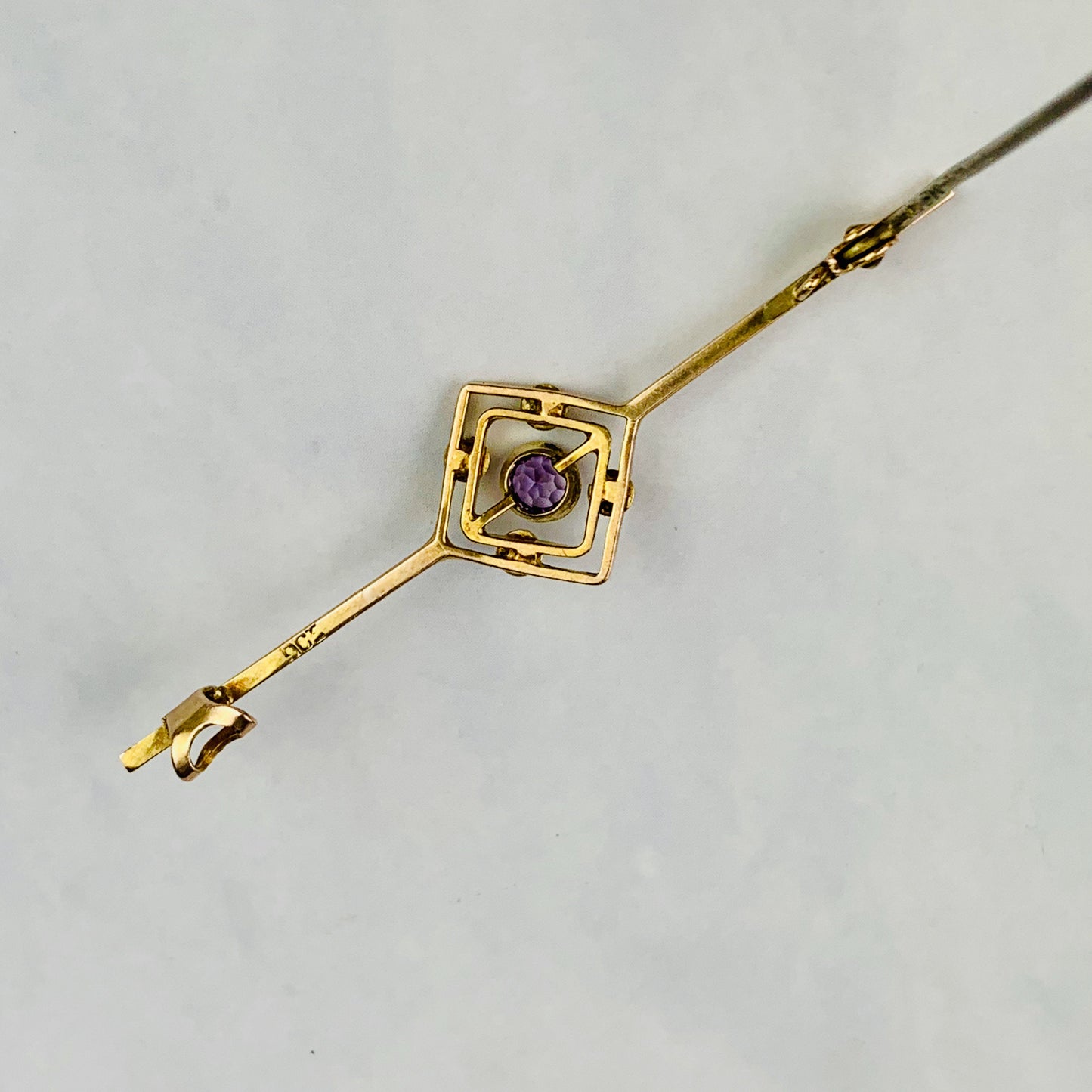 Vintage 9k Yellow Gold Bar Pin / Brooch with Amethyst and Seed Pearls