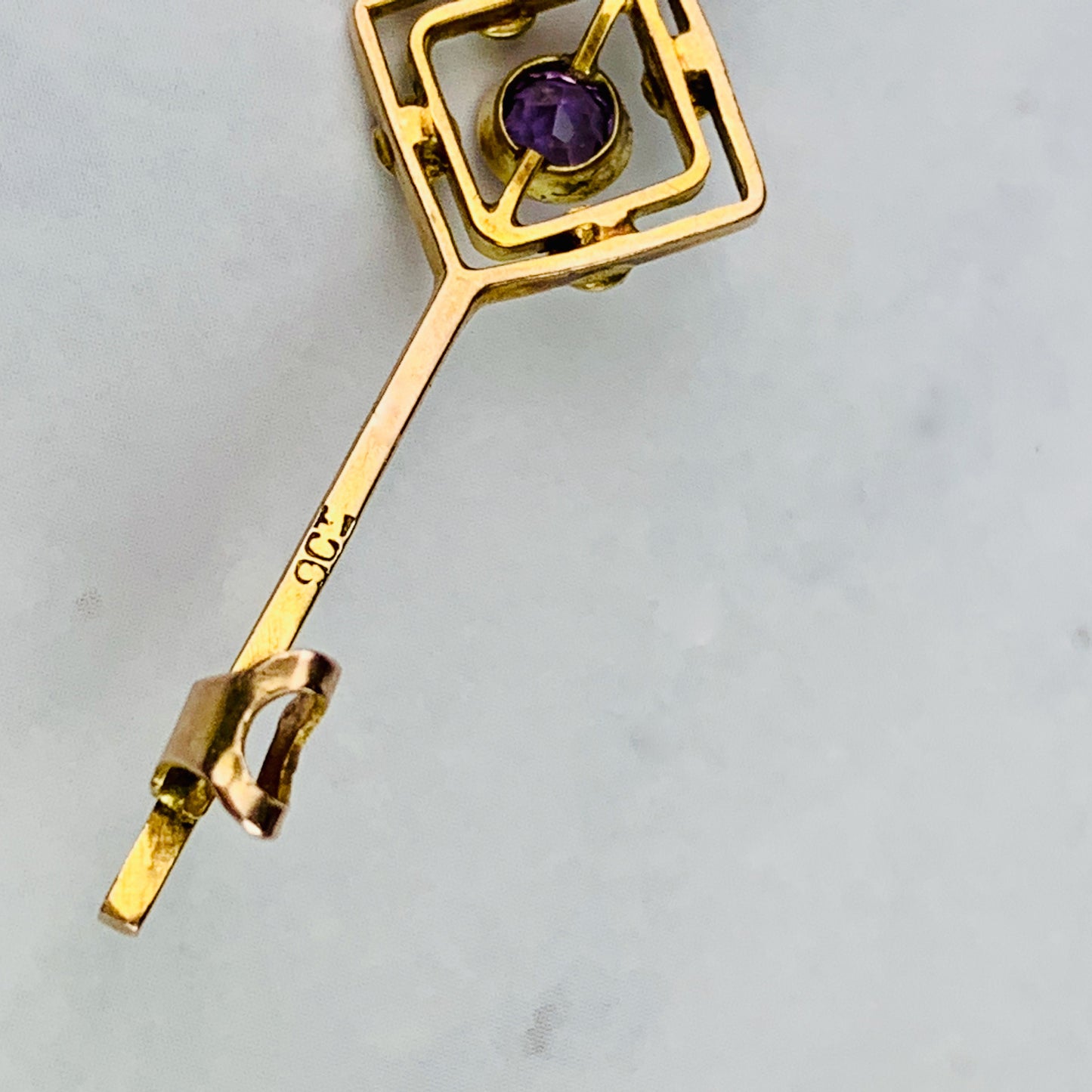 Vintage 9k Yellow Gold Bar Pin / Brooch with Amethyst and Seed Pearls