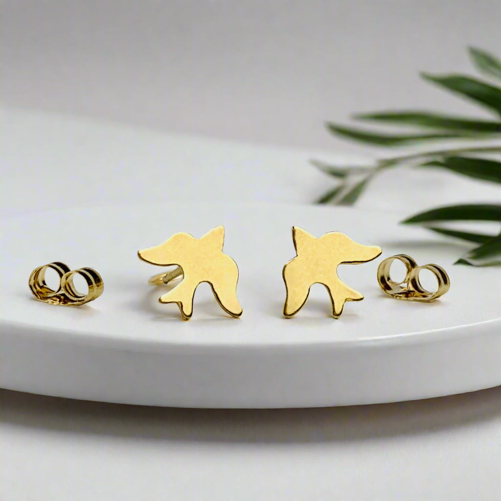 14K Solid Gold Swallow / Bird Stud Earrings