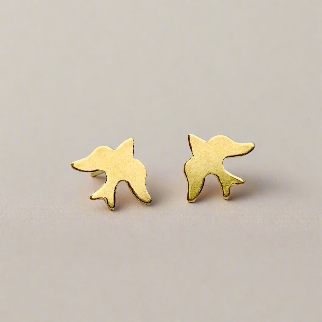 14K Solid Gold Swallow / Bird Stud Earrings