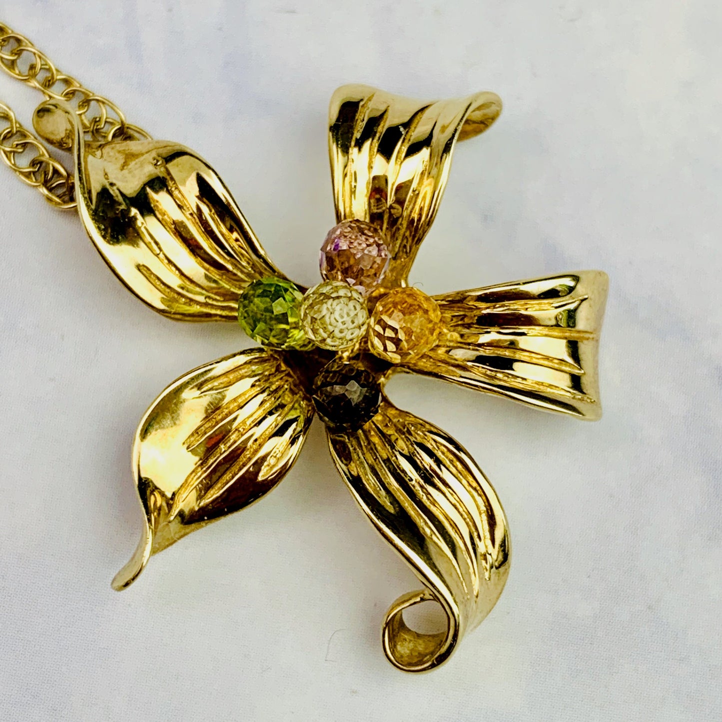 Vintage 9K / 9ct Yellow gold Asymmetric Floral Pendant Necklace with Colorful Tourmaline / Garnet / Amethyst Gemstones - QVC - 18"