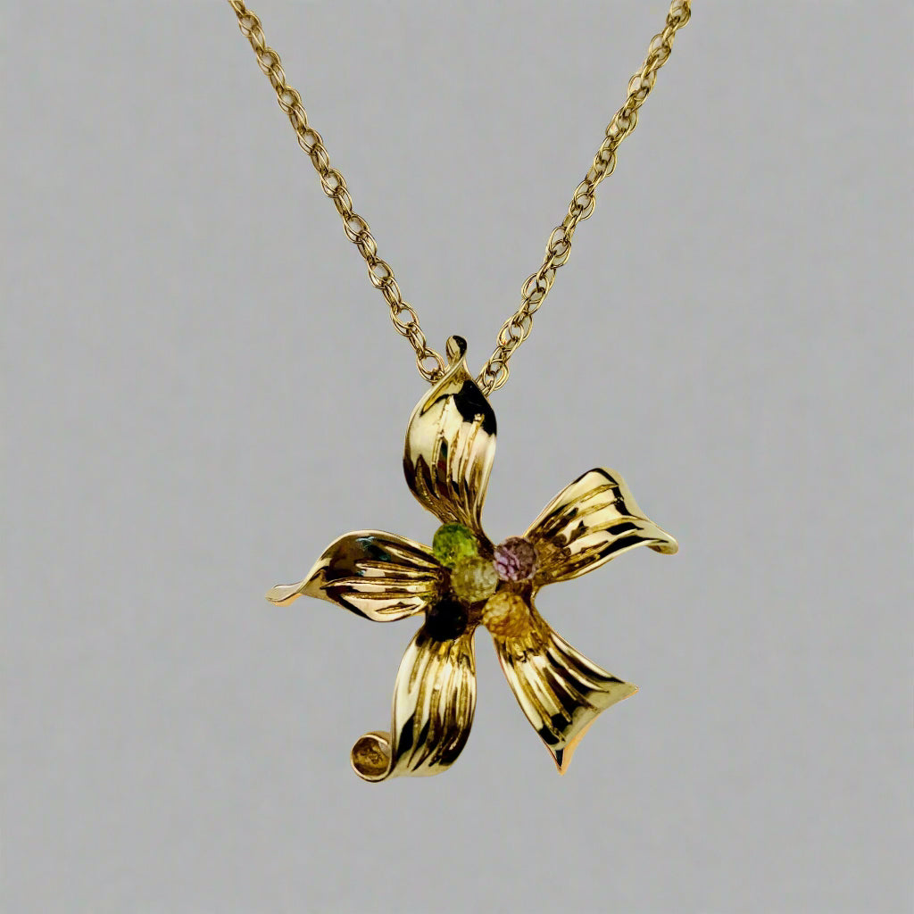 Vintage 9K / 9ct Yellow gold Asymmetric Floral Pendant Necklace with Colorful Tourmaline / Garnet / Amethyst Gemstones - QVC - 18"