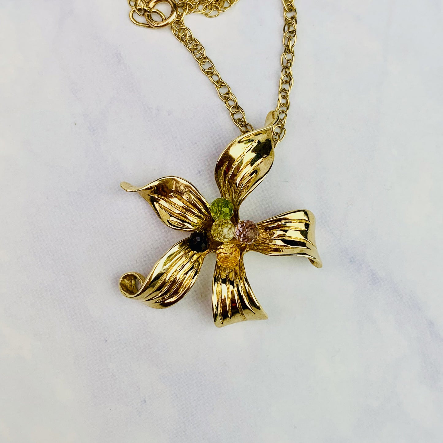 Vintage 9K / 9ct Yellow gold Asymmetric Floral Pendant Necklace with Colorful Tourmaline / Garnet / Amethyst Gemstones - QVC - 18"