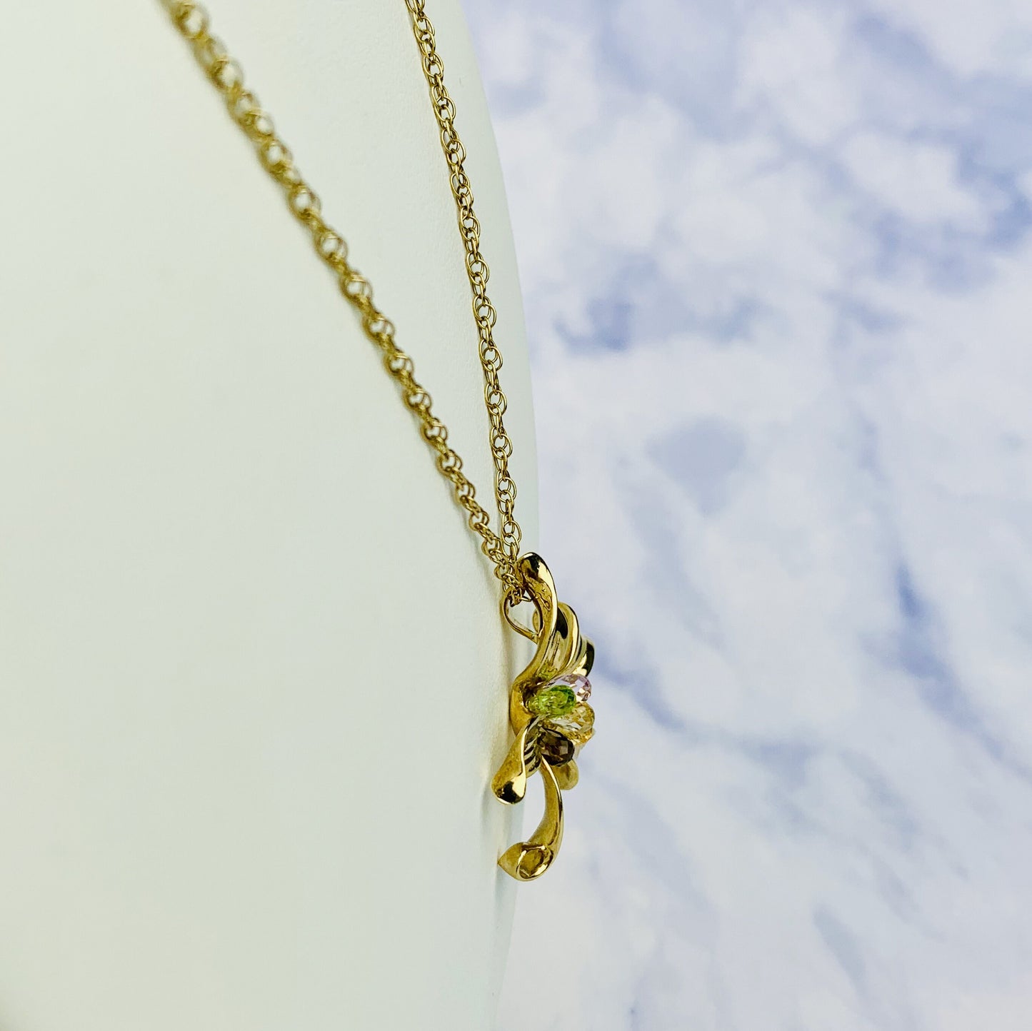 Vintage 9K / 9ct Yellow gold Asymmetric Floral Pendant Necklace with Colorful Tourmaline / Garnet / Amethyst Gemstones - QVC - 18"