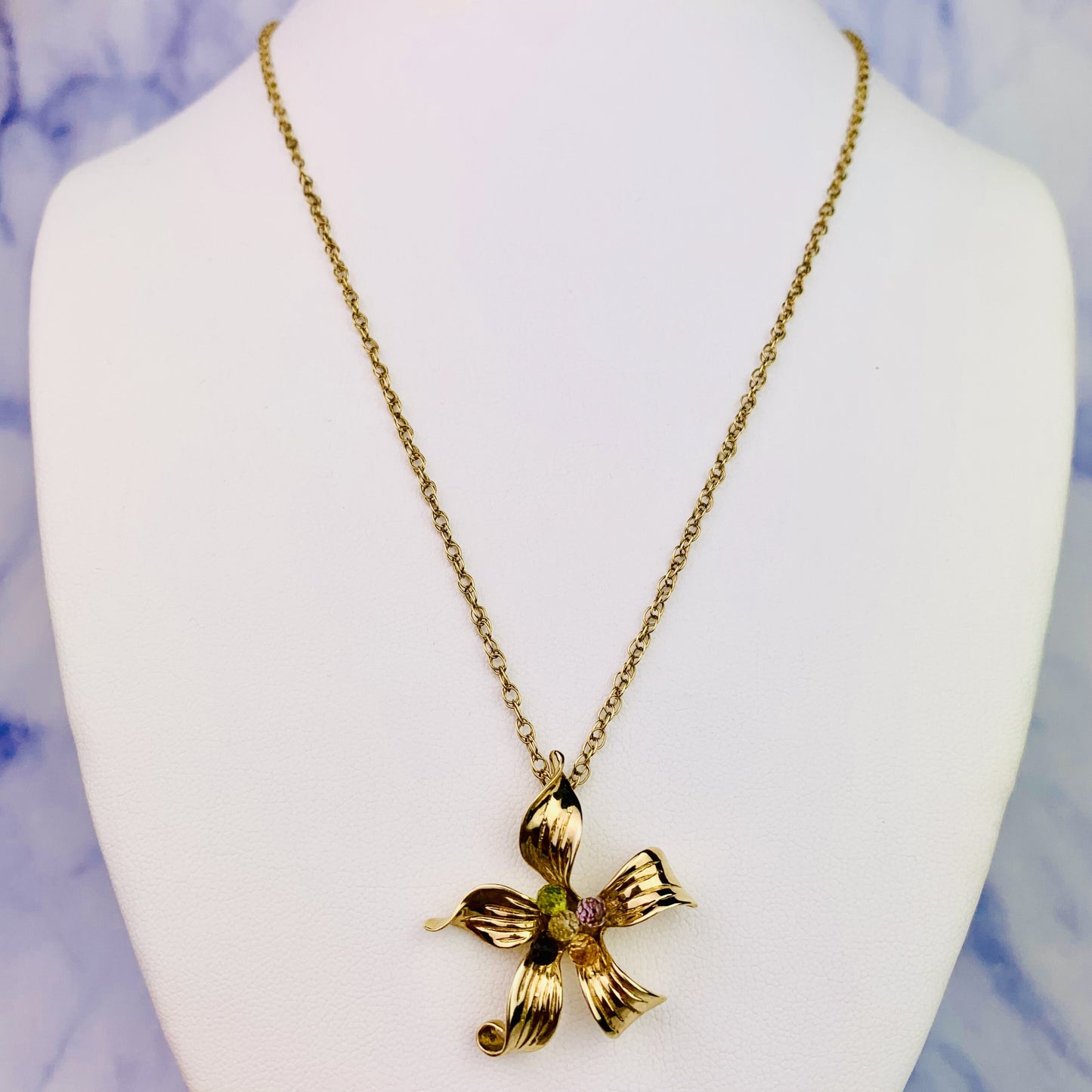 Vintage 9K / 9ct Yellow gold Asymmetric Floral Pendant Necklace with Colorful Tourmaline / Garnet / Amethyst Gemstones - QVC - 18"
