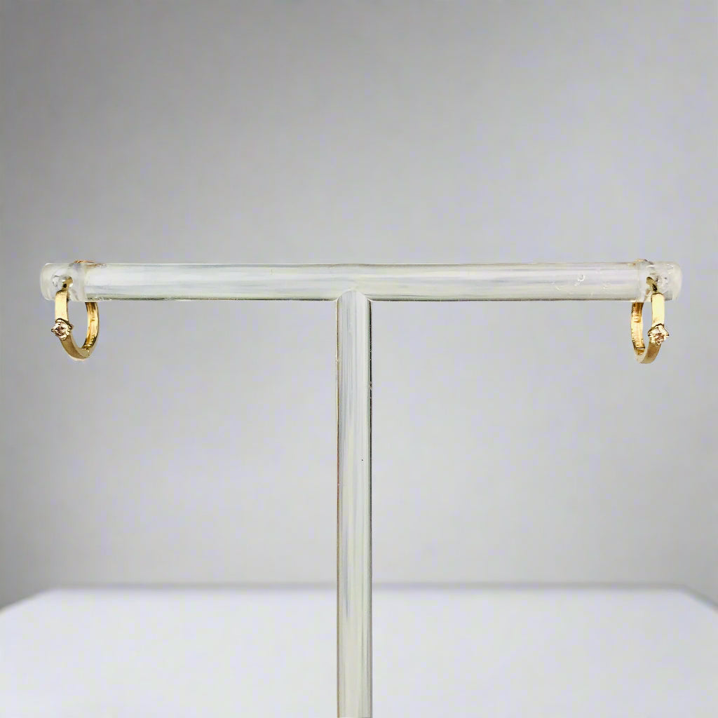 14K Brushed Gold / Satin Finish Diamond Hinged Hoop / Mini Huggies