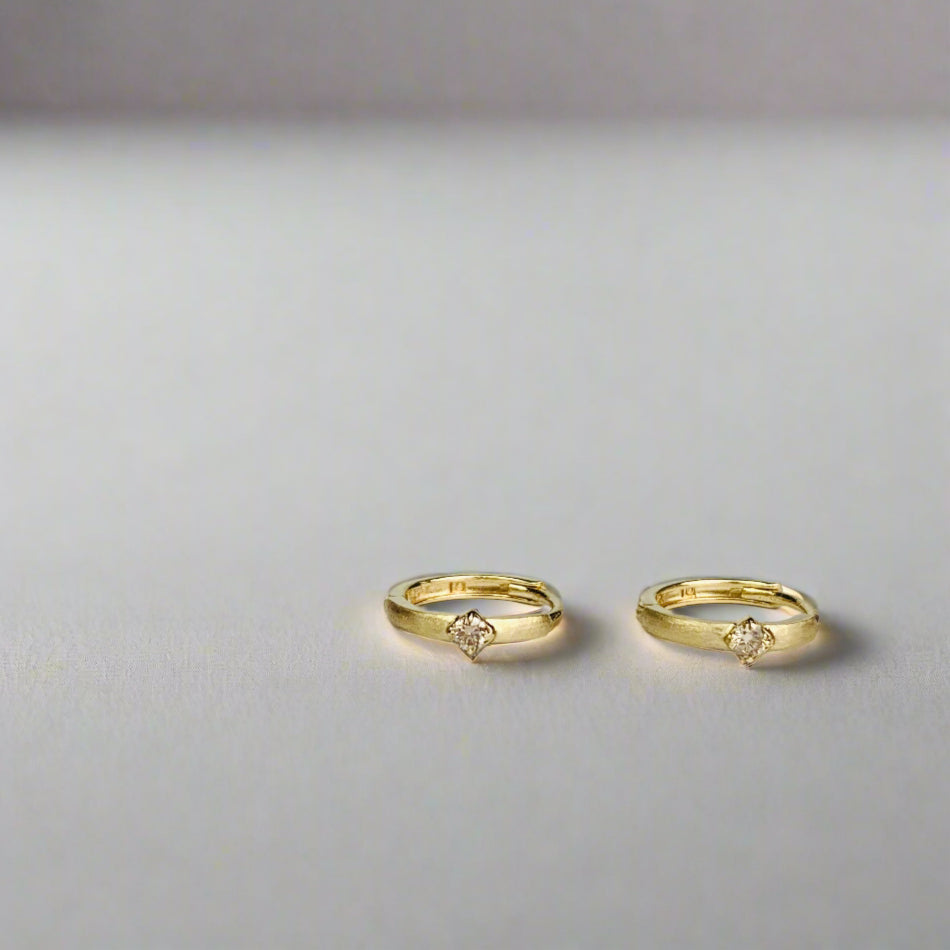 14K Brushed Gold / Satin Finish Diamond Hinged Hoop / Mini Huggies