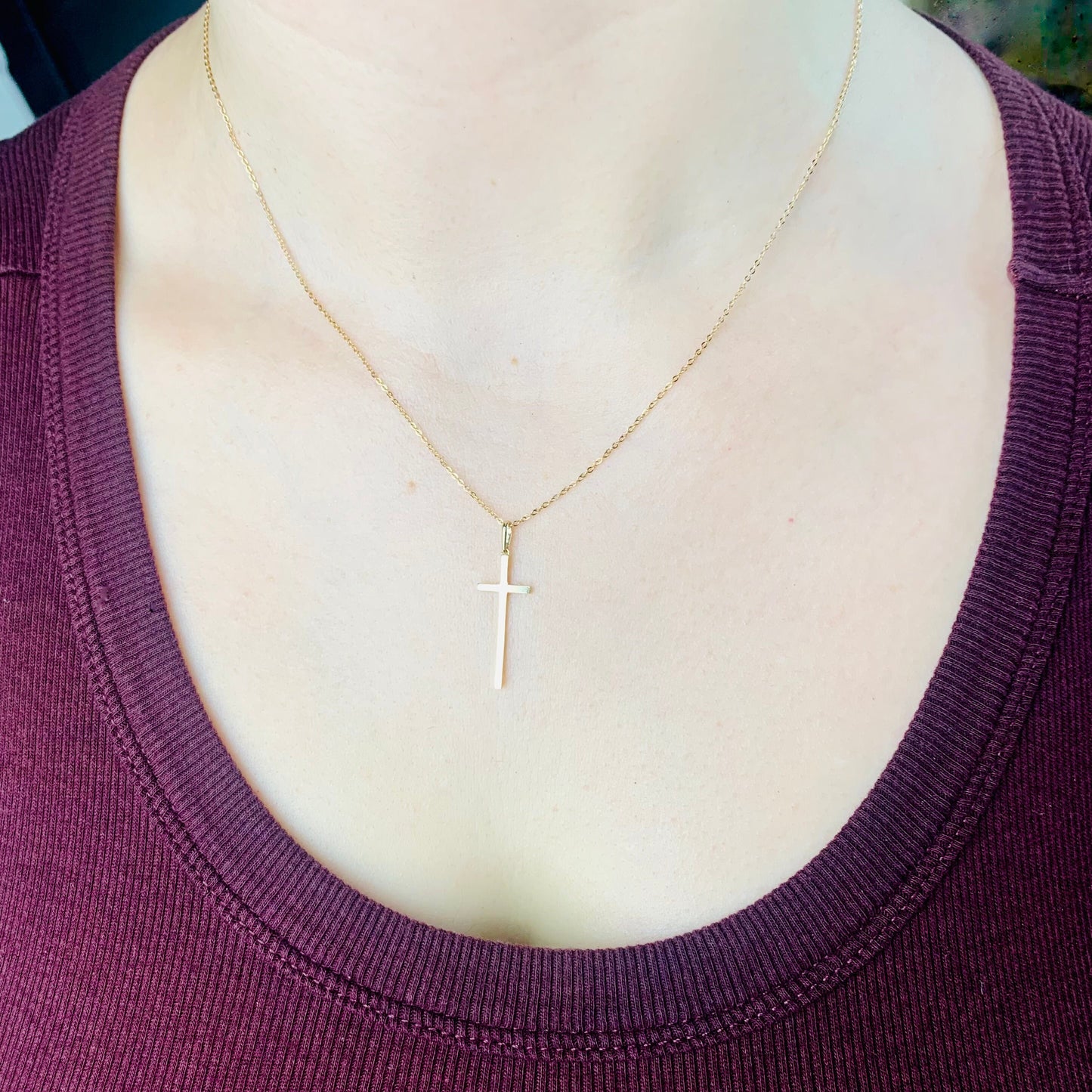 14K Solid Yellow Gold Cross Charm / Pendant 26mm x 10mm optional 14K Gold Cable Link Chain 16" or 18"