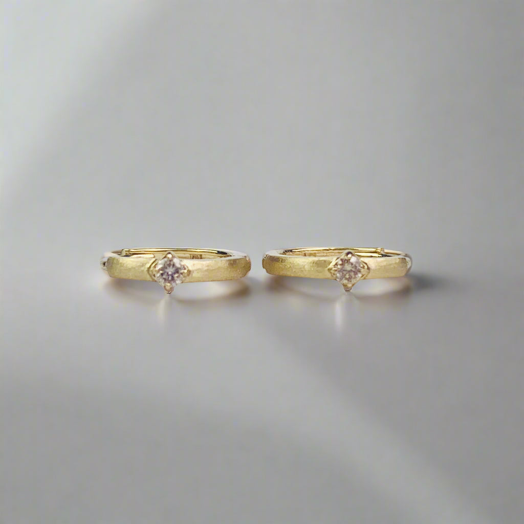 14K Brushed Gold / Satin Finish Diamond Hinged Hoop / Mini Huggies