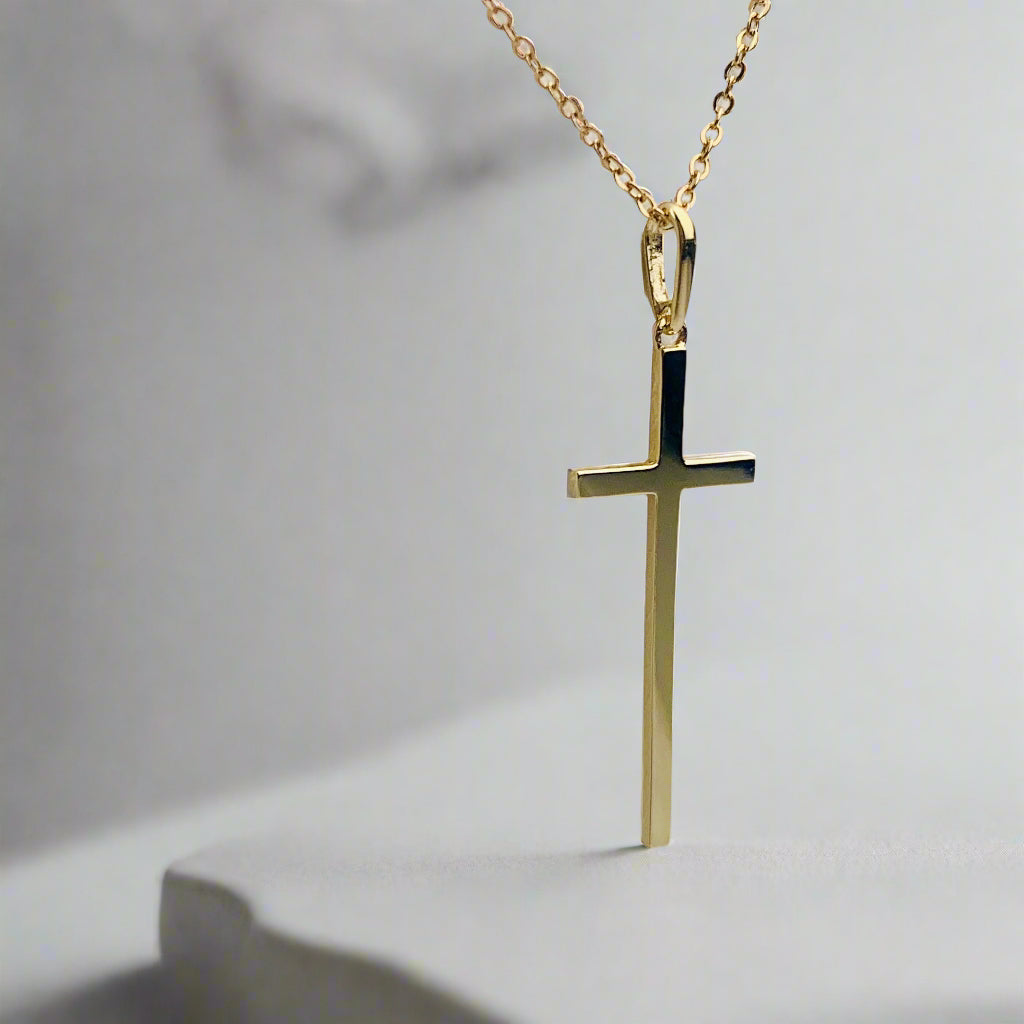 14K Solid Yellow Gold Cross Charm / Pendant 26mm x 10mm optional 14K Gold Cable Link Chain 16" or 18"