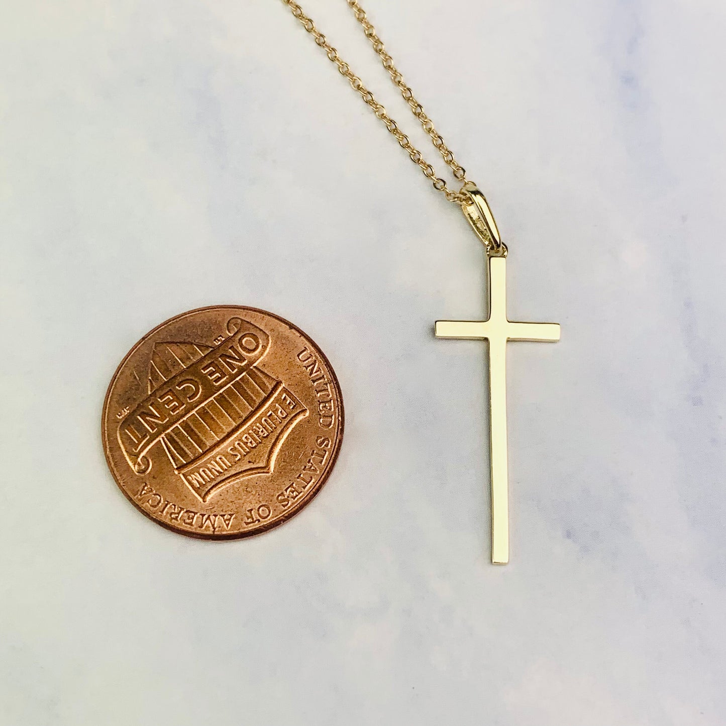 14K Solid Yellow Gold Cross Charm / Pendant 26mm x 10mm optional 14K Gold Cable Link Chain 16" or 18"