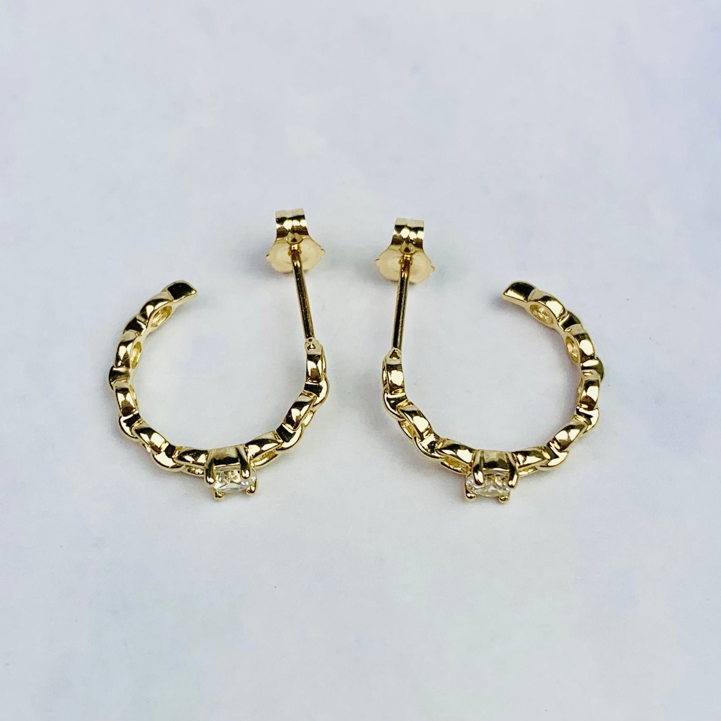 14K Yellow Gold Chain Link Brilliant Cubic Zirconia Hoop Earrings - Pushback - Solid Gold - Rolo Chain